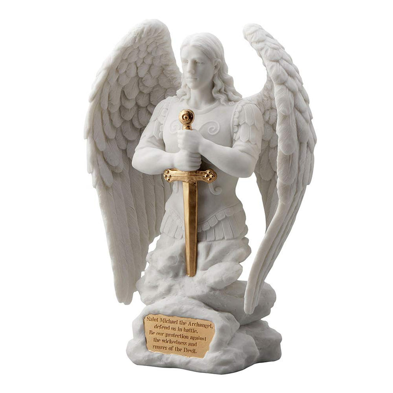 Veronese Design 9.1 Inch Saint Michael Prayer Archangel Monument Marble White Golden Finish Angel Statue