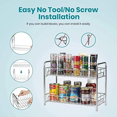 Lyrovo Stainless Steel 2 Tier Kitchen Countertop Spice Container Organizer Rack with Shelf Liner for Cabinet Pantry Office (Chrome, Standing Shelf)