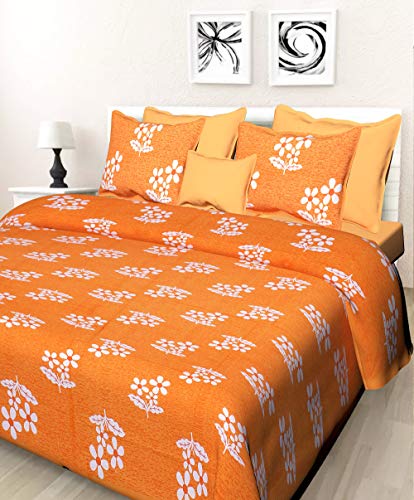 The Trendy Mart Cotton Double Bedsheet Jaipuri/Sanganeri Printed Bedsheets with Pillow Cover,Orange Flower