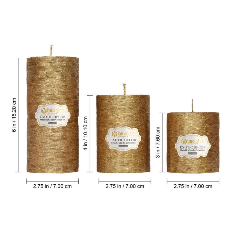 Boxglee Handcrafted Metallic Brushed 100% Pure SOYA Wax Pillar Candles for Stylish Home and Décor | Gifting Etc (Pack of 3pc) Pillar Candle (Gold)