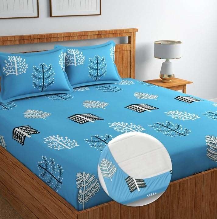 Premium Cotton All Around Elastic Fitted Double Bed Bedsheet (72” x 78”) with 2 Pillow Covers (16" x 26") (BS18 (B) Blue Base)