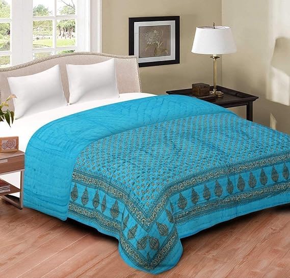 Om Enterprises Jaipuri 240 TC Double Bed Organic Cotton Jaipuri Razai Bed Blanket Quilt for Winter Soft Light Weight Jaipuri Traditional Rajai (Sky Blue, Double - 85x100 Inch)