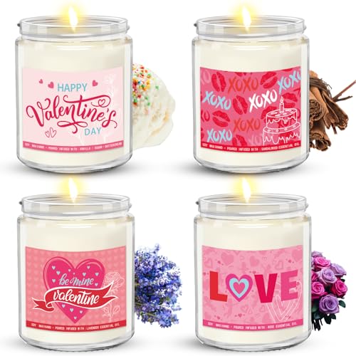 Threlaco 4 Pcs Romantic Gifts for Her, Valentines Day Gifts for Her, Happy Birthday Gifts for Women, Sandalwood, Rose, Lavender, Cream Vanilla Soy Love Candle for Mom Girlfriend Wife, 7 oz