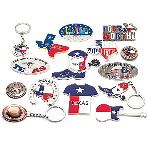 Texas Bundle Souvenir Gift Metalic Magnet Set Fridge Magnet with Texas Souvenir Hat, Boot and God Bless Texas Key Chain (Magnet 12pcs Keychain 3 pcs)