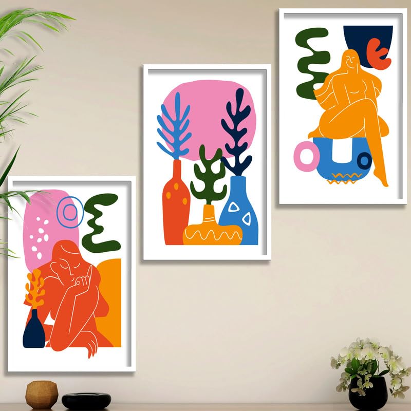 SAF paintings Set of 3 Abstract ladies Boho modern art design Premium white Framed Bohemian wall painting for for Wall, Home and Living Room Decoration 80 cms x 34.29 cms COMBO-2228-K3