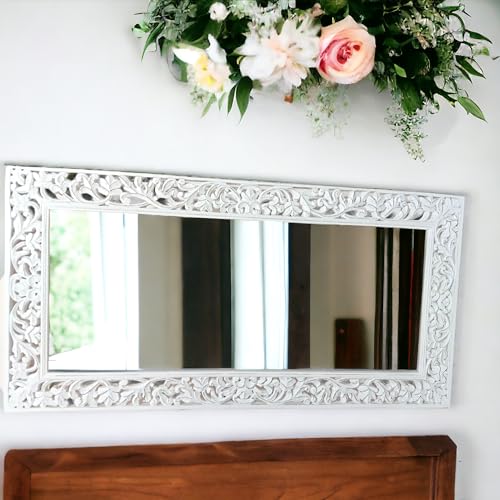 aesthetic decor (6x3 Wooden Carved Wall Mirror Frame Solid Wood, | with Out Mirror | Crown Pattern (White Distress)