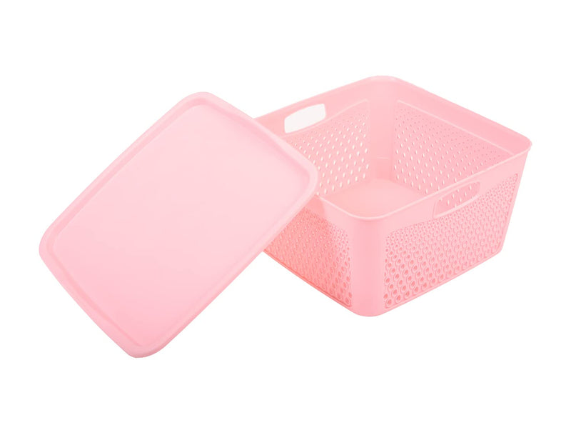 Kuber Industries Netted Design Unbreakable Multipurpose Square Shape Plastic Storage Baskets with lid Small Pack of 3 (Pink)