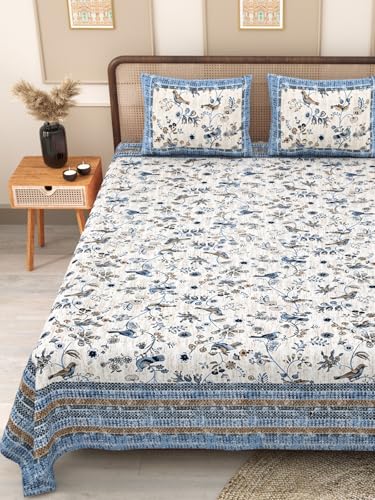 Dream Homme 144 TC Cotton Double Bedsheet with 2 Pillow Covers | Rajasthani Jaipuri Sanganeri Printed Sheet Cover for King Size Bed - 90×108 Inches (Blue Bird)