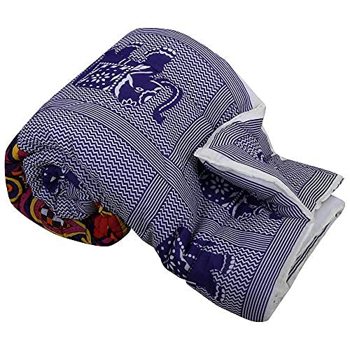 URBAN HAAT Cotton Single Bed Hand Block Printed Machine Stiching Elephant Black Jaipuri Quilt/Razai/Comforter in Branded Travel Bag (90 * 62 Inch)