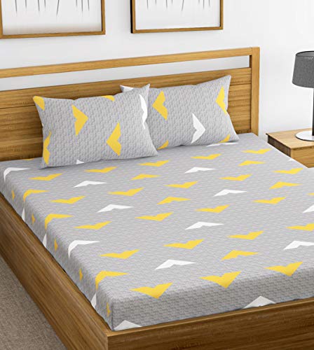 HUESLAND by Ahmedabad Cotton 144 TC Cotton Bedsheet for Double Bed with 2 Pillow Covers - Grey, Yellow & White