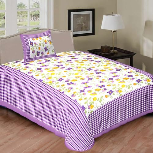 104 Tc Pure Cotton Single BedSheet with Two Pillow Covers | 60 X 90 Inches | EXLSG-106 | Purple