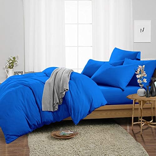 LINEN SHEETS- 100% Cotton Single Size 5 Piece Bedding Set- Soft Luxury 400 TC Bedsheet- 1 Flat Sheet, Fitted Sheet 12" Deep Pocket, 1 Duvet Cover & 2 Pillow Cover-Royal Blue Solid