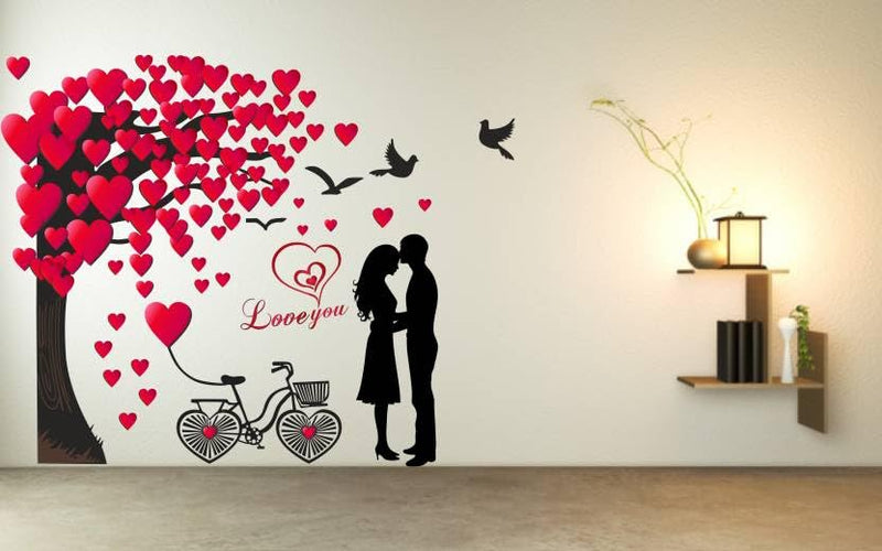 Romantic Couple Under The Heart Leaves Tree and Love Quote with Bicycle' Wall Self Adhesive Sticker