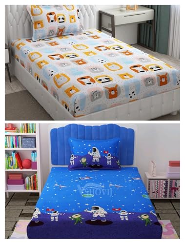 SHOVIJ | Pack of 2 Glace Cotton Elastic Fitted Single Bedsheets (72 x 36 x 6) with 2 Pillow Covers for Kids - Astronaut, Multi Animal