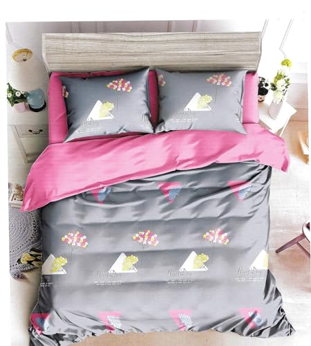 Royal Rose Queen Size Imported Microfiber Beautiful Double Bed Sheet 2 Pillow Cover (Grey-Pink)