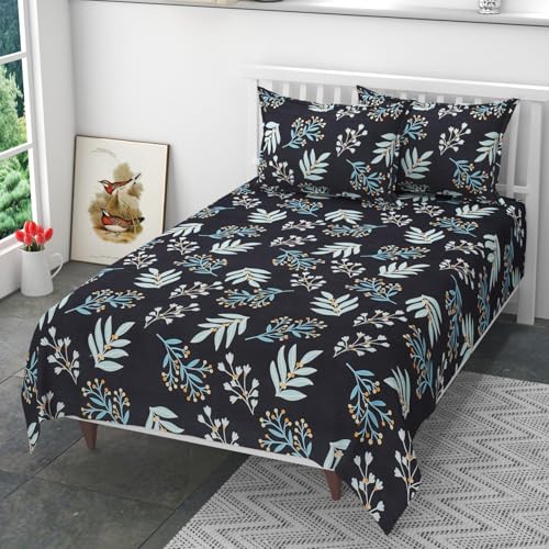 Aaho Decor Glace Cotton Floral Print Elastic Fitted Bedsheet, 183 x 198 x 20 cm (Blck-Aqa-lef)