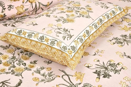 TIQH 400 TC 100% Cotton Jaipuri Rjasathani Hand Print Bedsheet with 2 Pillow Covers - King Size (100"x108") (Golden Peach)