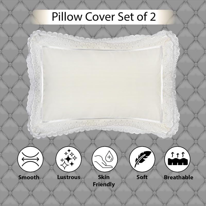 Seema Home Decor Cotton Double Lace Pillow Covers Set of 2 | Soft & Decorative Pillow Covers | Comfortable & Breathable Covers for Bed, Sofa, Couch, Livingroom | Pillow Cases | Solid Design- Cream