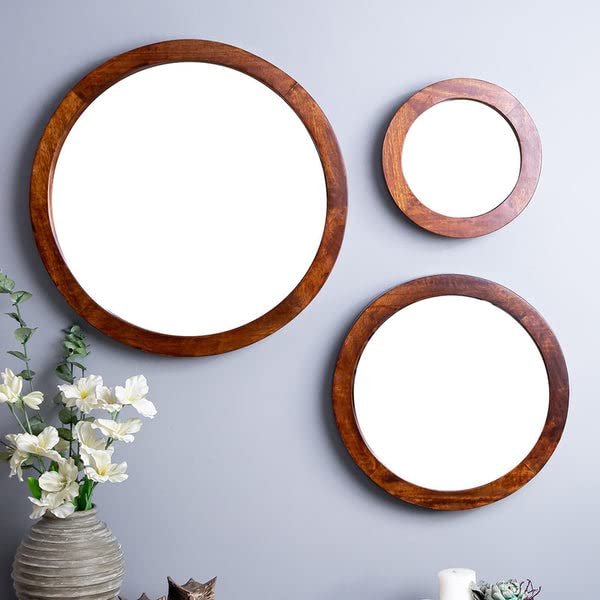 wellgoodhouse Wooden Designer Mirror | Round Shape | Brown Frame | Set of 3 Wooden Designer Mirror | Round Shape | Brown Frame