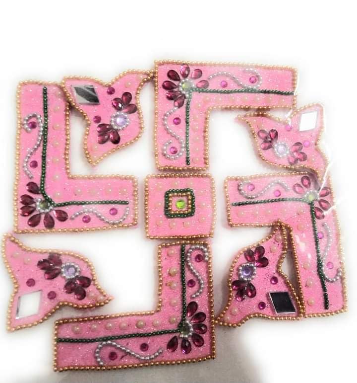 Decorative Swastik Wall Art, Pink with Rhinestones and Floral Design, Traditional Handcrafted Home Decor