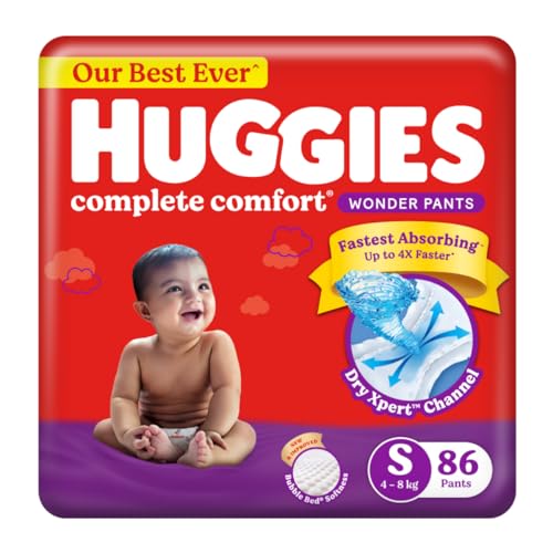 Huggies Complete Comfort Wonder Pants Small (S) Size (4-8 Kgs) Baby Diaper Pants, 86 count, India's Fastest Absorbing Diaper with upto 4x faster absorption, Unique Dry Xpert Channel