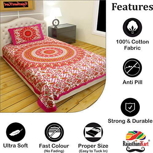 RajasthaniKart® Comfort Rajasthani Jaipuri Traditional Sanganeri Print 144 TC 100% Cotton Single Bedsheet with 1 Pillow Covers (Single, Pink)