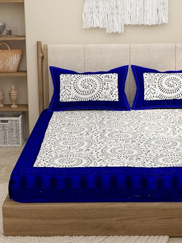 DWARDROBE Bedsheet Cotton for Double Bed, with Matching 2 Pillow Covers, Floral Printed Double Bedsheet, 160 TC, Breathable and Wrinkle Free Soft Bedsheet (90x100Inches) (Dark Blue)