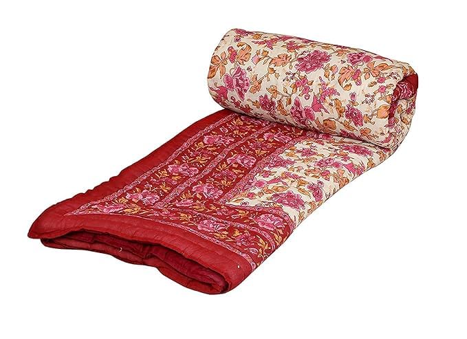 fashhub Rajasthani Light Weight Double Bed Soft Jaipuri AC Quilt | Designer Pink Mugal Floral Cotton Blanket (85" x 100")