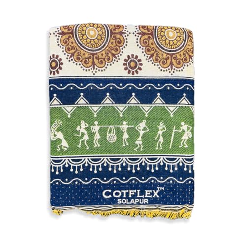 COTFLEX Original Solapur Chaddar Queen Bed Cotton (Warli- Green)