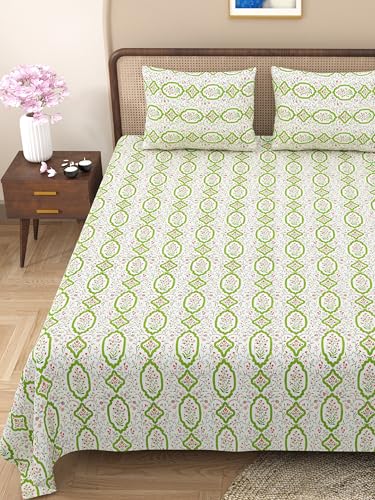 WestNic® 400 TC Super King Size 3 Piece Flat Bedsheet Set for Double Bed with 2 Standard Pillow Covers with Zipper, Jaipuri Prints Cotton | Size: 108 X 108 Inches (Lemon Green)