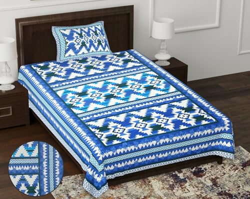 Tamasvini Cotton 144 TC 1 Bedsheet with 1 Pillow Cover Sanganeri Jaipuri Print (Size 60 inches x 90 inches) Single Size Bedsheet for Home and Living Room (Blue Boota)