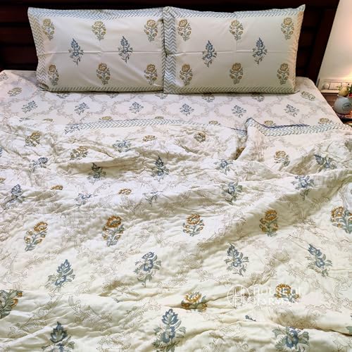 House of Harman Hand Quilted Mulmul Cotton Reversible Quilt I Hand Block Printed I Natural Vegetable Dyes (Desert Botanical Bliss Quilt) (Double- 90 * 108 inches)