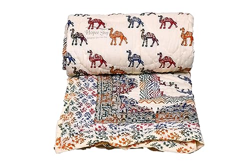 LOARSHY Hand Block Gold Printed Jaipuri Razai Lightweight and Warm Soft Blanket Camal with Hawamahal - Cream (90X108)