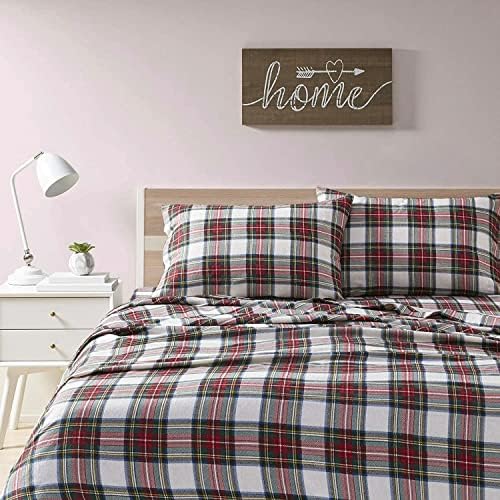 Comfort Spaces Cotton Flannel Breathable Warm Deep Pocket Sheets With Pillow Case Bedding, King, Scottish Plaid Red