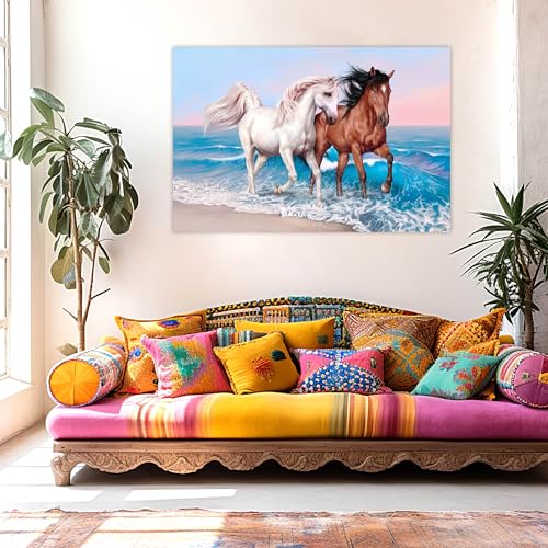 Indianara Rolled Sparkled Vastu Seven Running Horses Art Print for Room Décor Digital Reprint 36 inch x 24 inch Painting (10261PST)