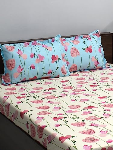 Bombay Dyeing 100% Cotton Queen Size Bedsheet for Double Bed, 1 Cotton Bed Sheet Double Bed (88 X 94 Inches) with 2 Pillow Covers | 110 TC Bed Sheet Double Bed (Ivyrose) - Aqua