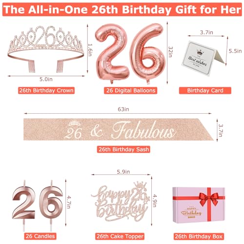 26th Birthday Sash and Tiara for Women Including Birthday Crown, 26 and Fabulous Sash, Candles and Cake Topper, Number 26 Balloons, 26th Birthday Gifts for Happy Birthday Party Favor Supplies