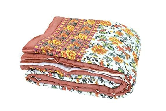 fashhub Jaipuri Quilt Traditional Single Bed Pure Cotton/Rajai/Razai/Blanket Rajasthani Print Light Weight (Garden Flower Beige and Pink) (Set of 2)