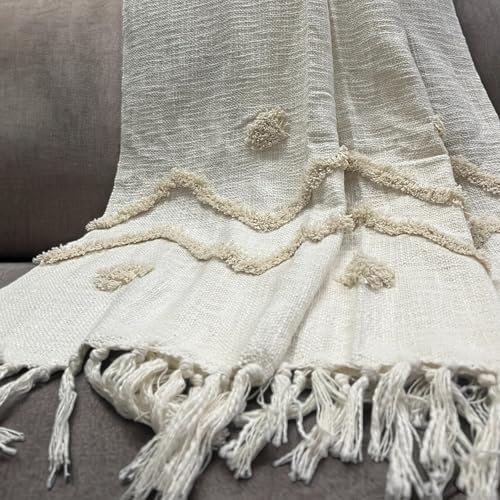 Cotton Goodness Handmade Pure Cotton Sofa Throw Blanket, Soft Decorative Throw for Living Room, Sofa, Chair and Couch, Reversible and Breathable Throw, Snow Tufted (Size- 130 x 160 cm)