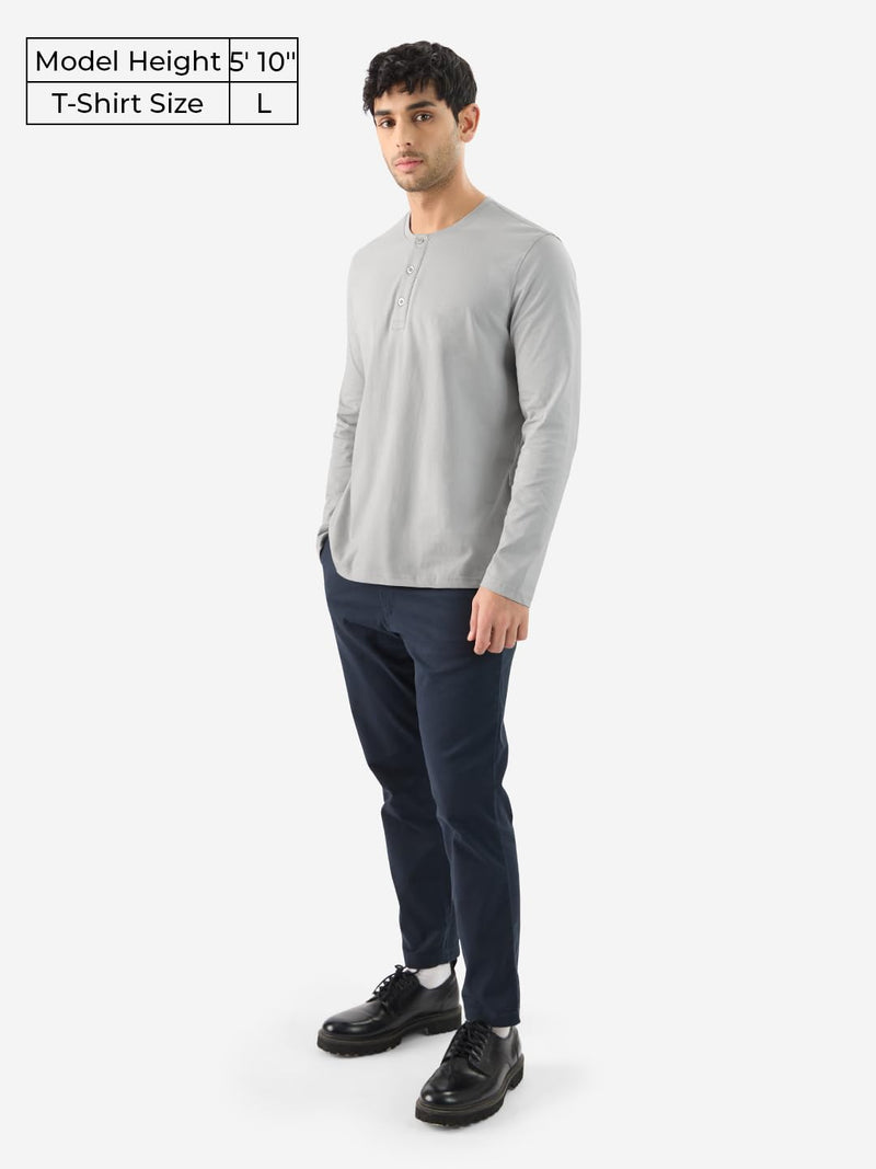 The Souled Store Solids: Light Grey Men and Boys Long Sleeve Regular Fit Cotton Henley T-Shirts