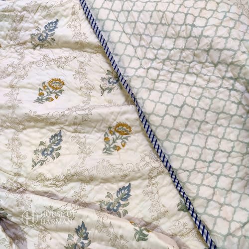 House of Harman Hand Quilted Mulmul Cotton Reversible Quilt I Hand Block Printed I Natural Vegetable Dyes (Desert Botanical Bliss Quilt) (Double- 90 * 108 inches)