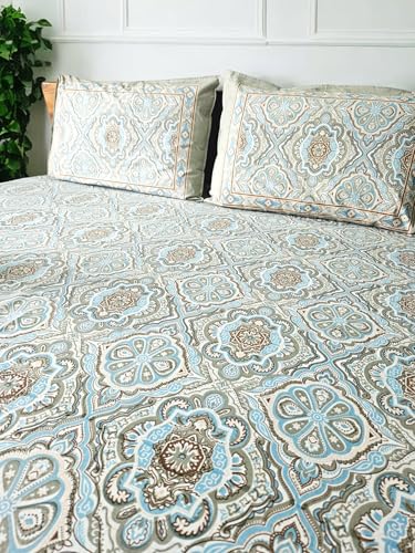 Feels Like Home 180 TC 100% Cotton Double King Size Bedsheet, 1 Bedsheet and 2 Pillow Covers, Block Printed, Uphaar Collection - Beige Floral Print,95 x 108 Inch