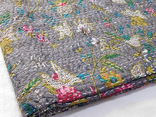 Fashion Hub Textile Work Creations Cotton Handmade single kantha quilt Bed cover (Blue, Grey)