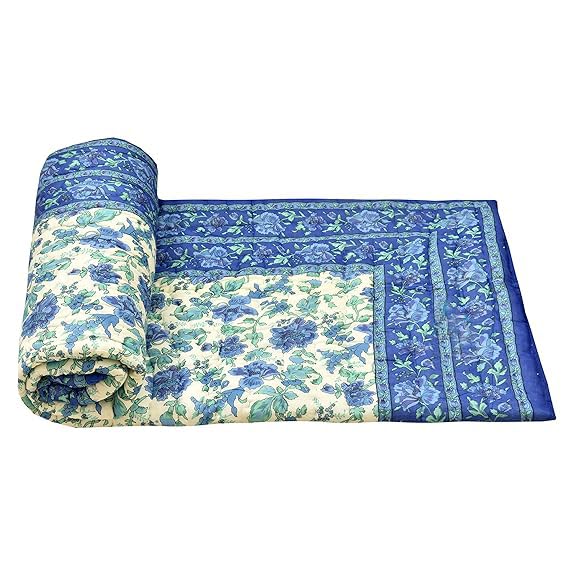 fashhub 240 TC Double Bed Organic Cotton Jaipuri Razai Bed Blanket Ac Quilt for Winter and Summer Soft Light Weight Rajasthani Traditional Rajai Cotton Comforter 85 x 100 inch Blue-Green Flower