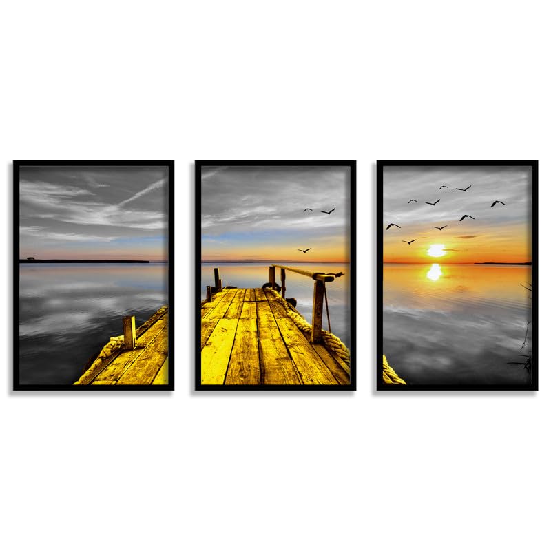 SAF paintings Set of 3 Water Bridge And sun Wall Painting for Home Decoration SA-BLACKCF33605