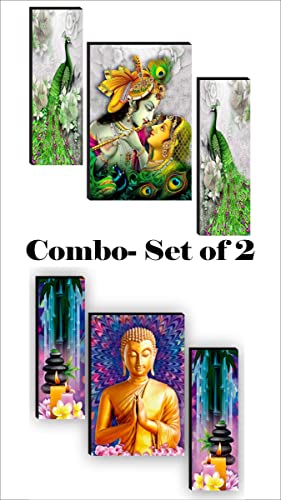 SAF Religious Radhe Krishna UV Textured Painting Set of 3 (18 Inch X 12 Inch, Multicolour, SANFJM31085) & Set of 3 Buddha Paintings for living room Painting 12 Inch X 18 Inch SAF-JM7719