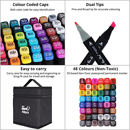 casacrest Dual Tip Art Markers 48 Colours with Carrying Case for Painting Sketching Calligraphy Drawing - Odorless & Non Toxic Twin Head Permanent Colouring Marker Pens for Kids Adult Beginners