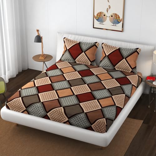 VAINE Premium Heavy Cotton Flat Bedsheets with 2 King Size Pillow Covers || Double Bed 350 TC || 90 x 100 Inch King Size Flat || - Brown Multi Box