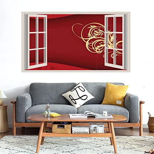 GADGETS WRAP Printed Wall Decal Sticker Fake Window Style Decal (90cm x 50cm) - Red Gold Abstract