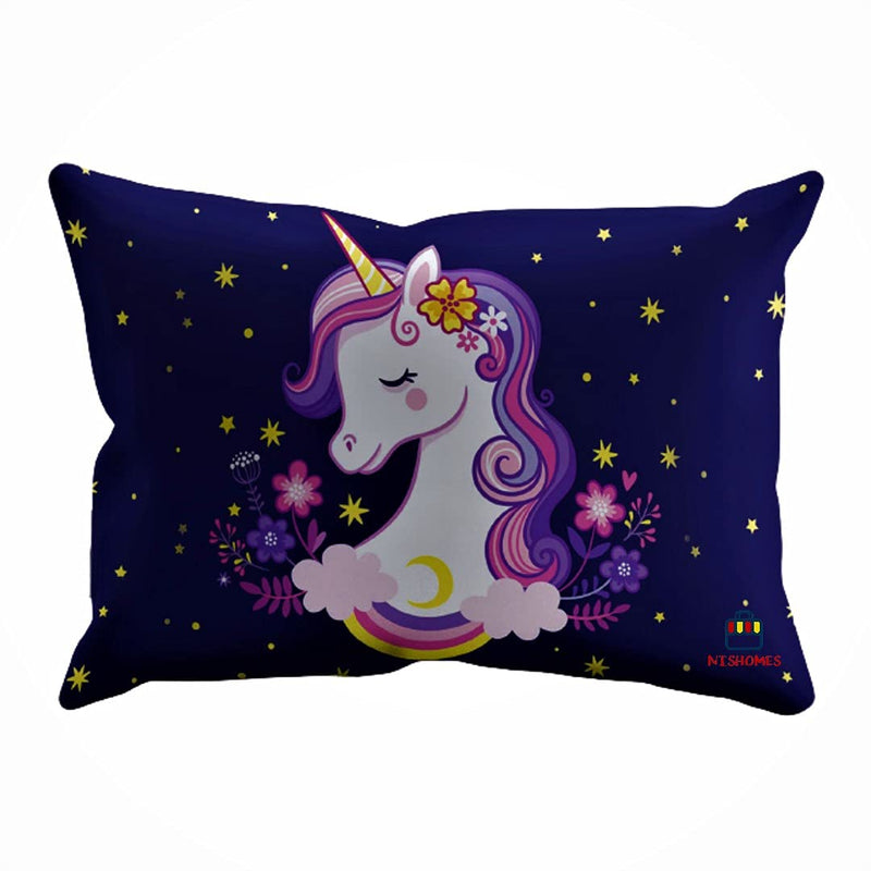 NISHOMES Velvet Unicorn Design Printed Kids Cartoon Pillow Fiber Filled Size 12x18 Inches (Blue)